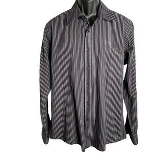 Michael Brandon Button Up Long Sleeve Shirt L Blue Striped Chest Pocket Collared